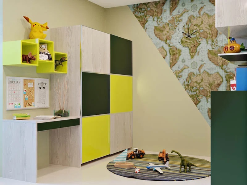 Chartreuse Green Kids Wardrobe With Study Table